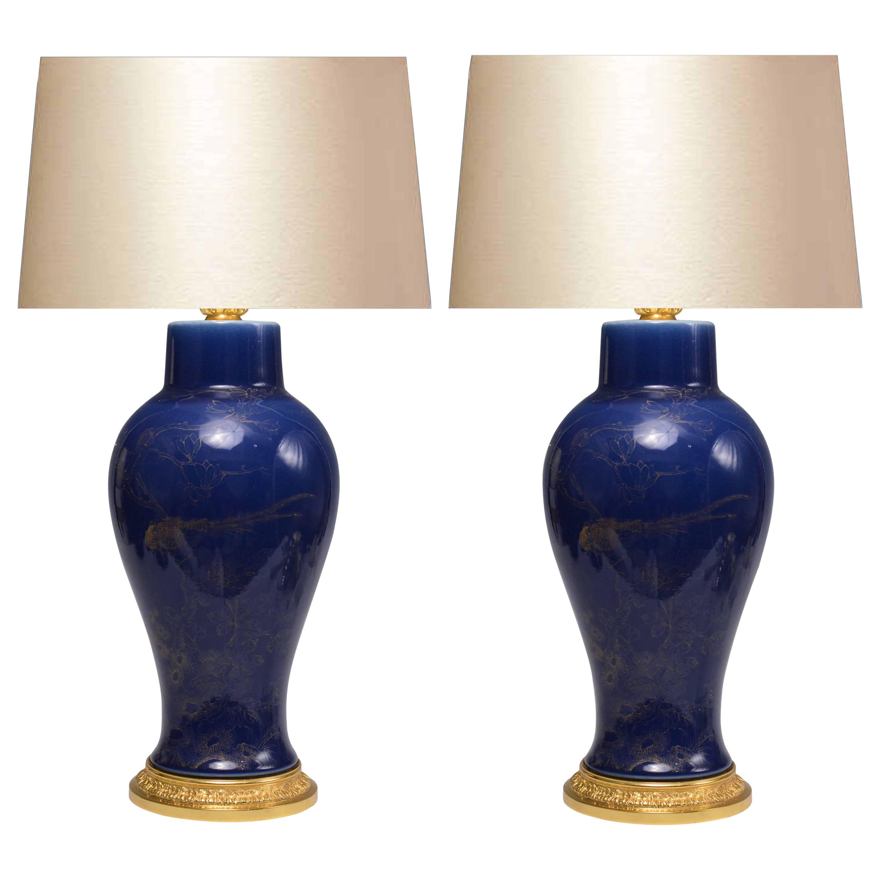 Pair of Dark Blue Porcelain Lamps For Sale