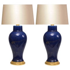Pair of Dark Blue Porcelain Lamps