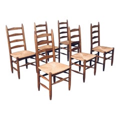 Rustic Handcrafted Oak & Rush Dining Chair Set of 6, Belgium 1950's