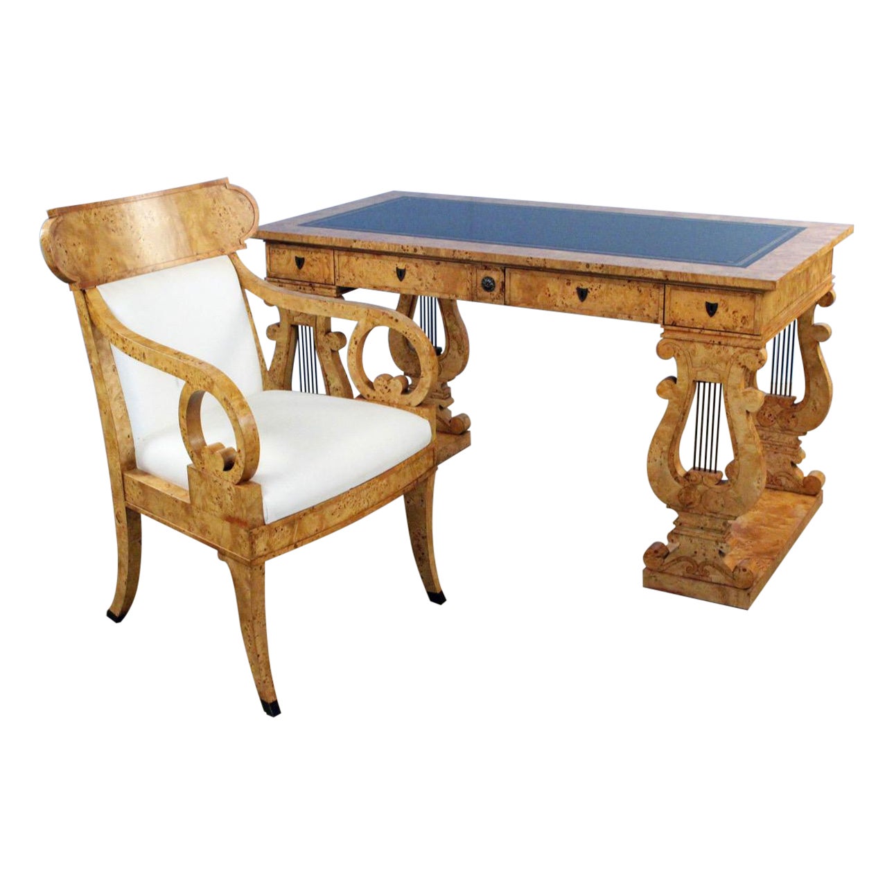 Extraordinary Baker Stately Homes Russian Empire Burled Mappa Desk and Chair For Sale