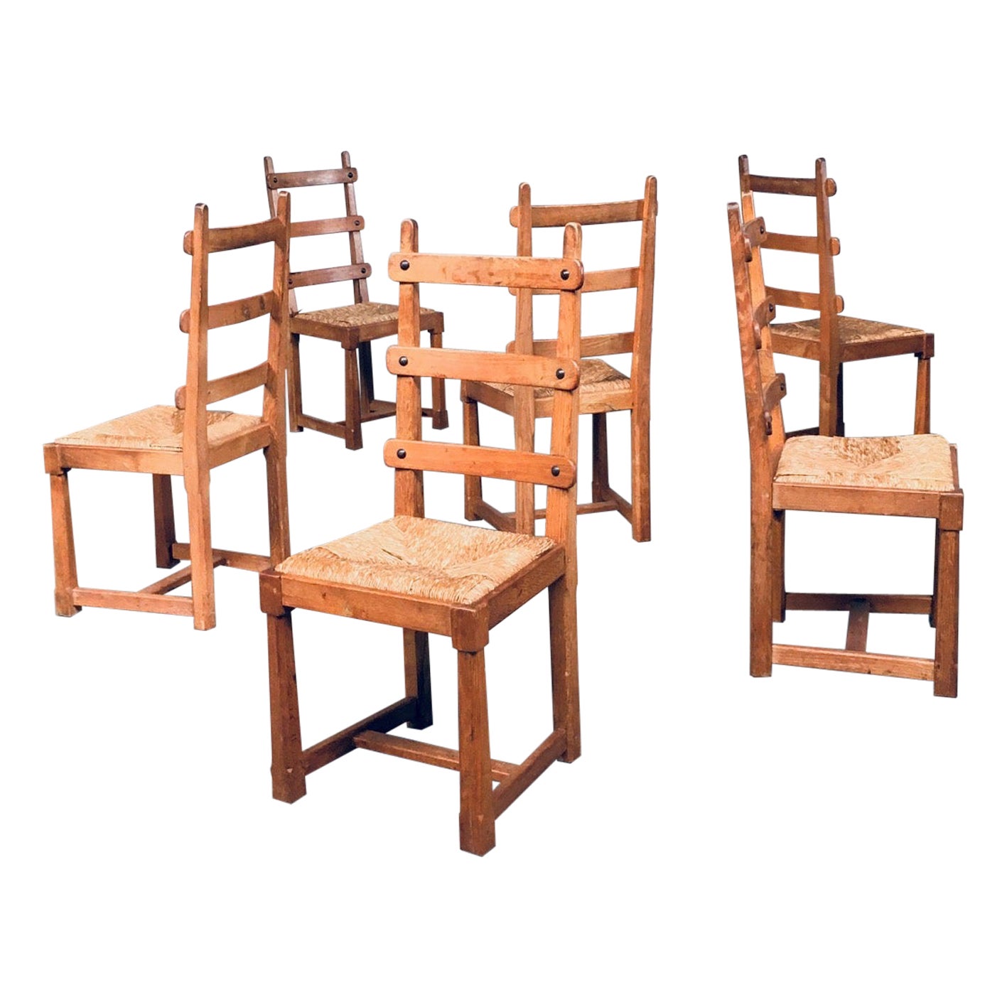 Rustic Brutalist Design Oak Slat Back Dining Chair set, Belgium 1960's