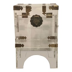 Used Chic Transparent Lucite Trunk on Stand End Table with Brass Hardware