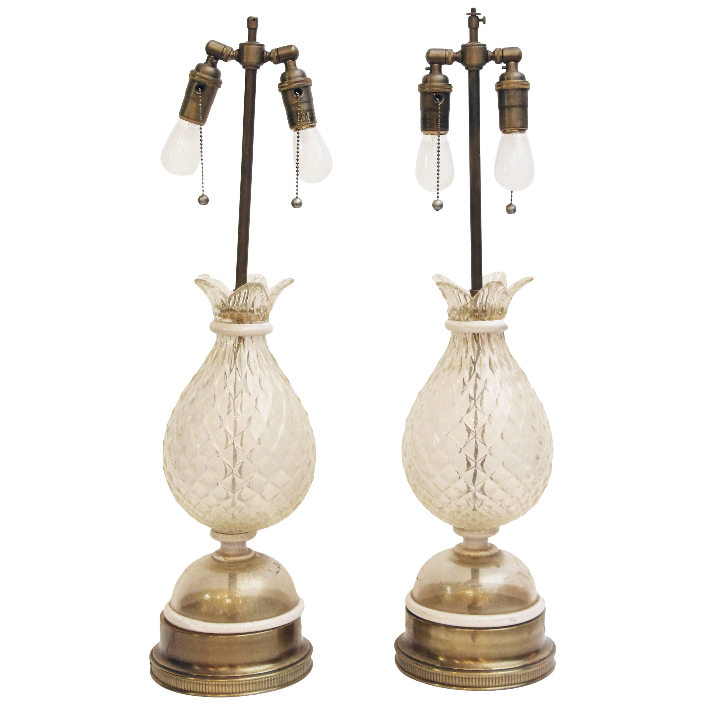 1940s Pair of Murano Rolled White Glass Lamps with Gold Flecks and Brass Base
