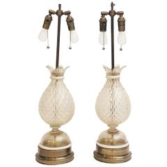 Pair of 1940s Murano Rolled White Glass Lamps with Gold Flecks and Brass Base 7