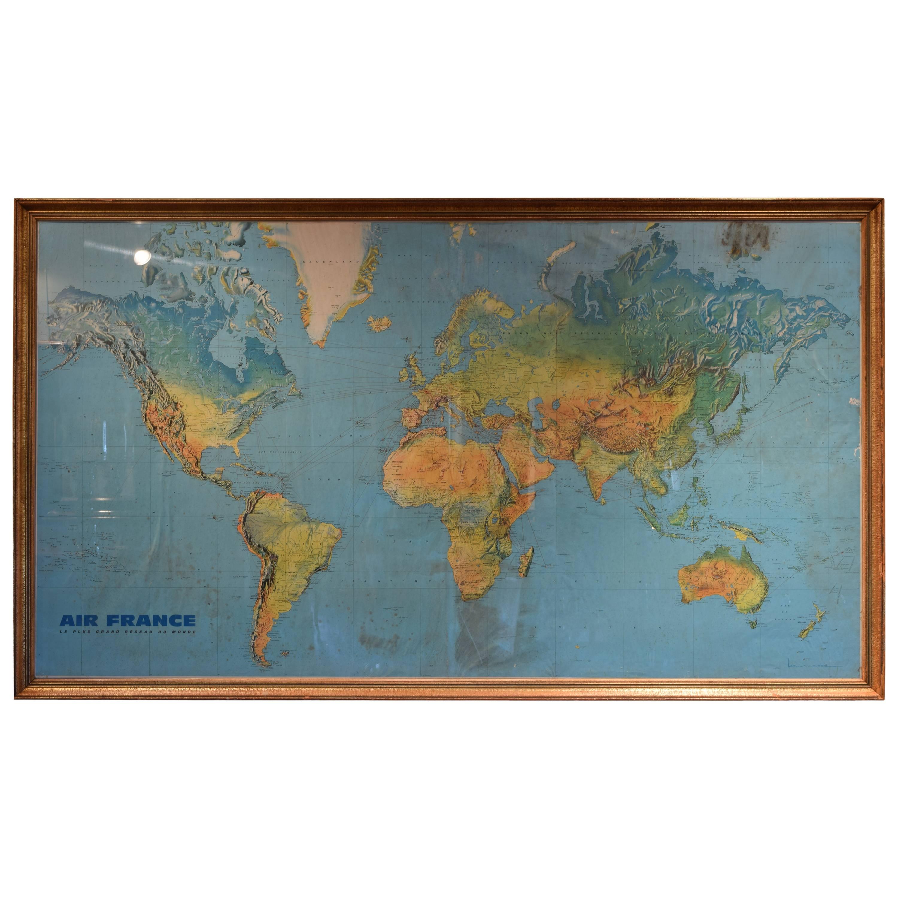 Large Vintage Air France Route Map in Gilded Frame, Signed Massó