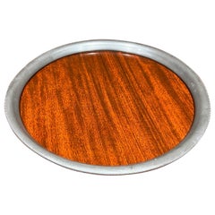 Vintage 1970s Round Serving Tray Faux Wood Revere Pewter