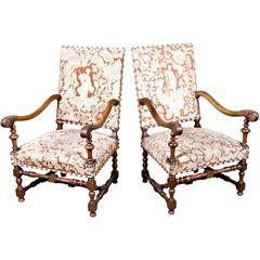 Antique Pair of Louis XIII Walnut Fauteuils with Original Tapestry Upholstery