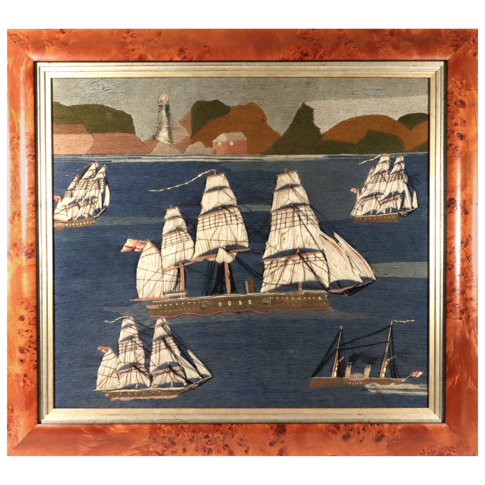 Quadro in lana di un marinaio britannico raffigurante cinque navi al largo di una costa