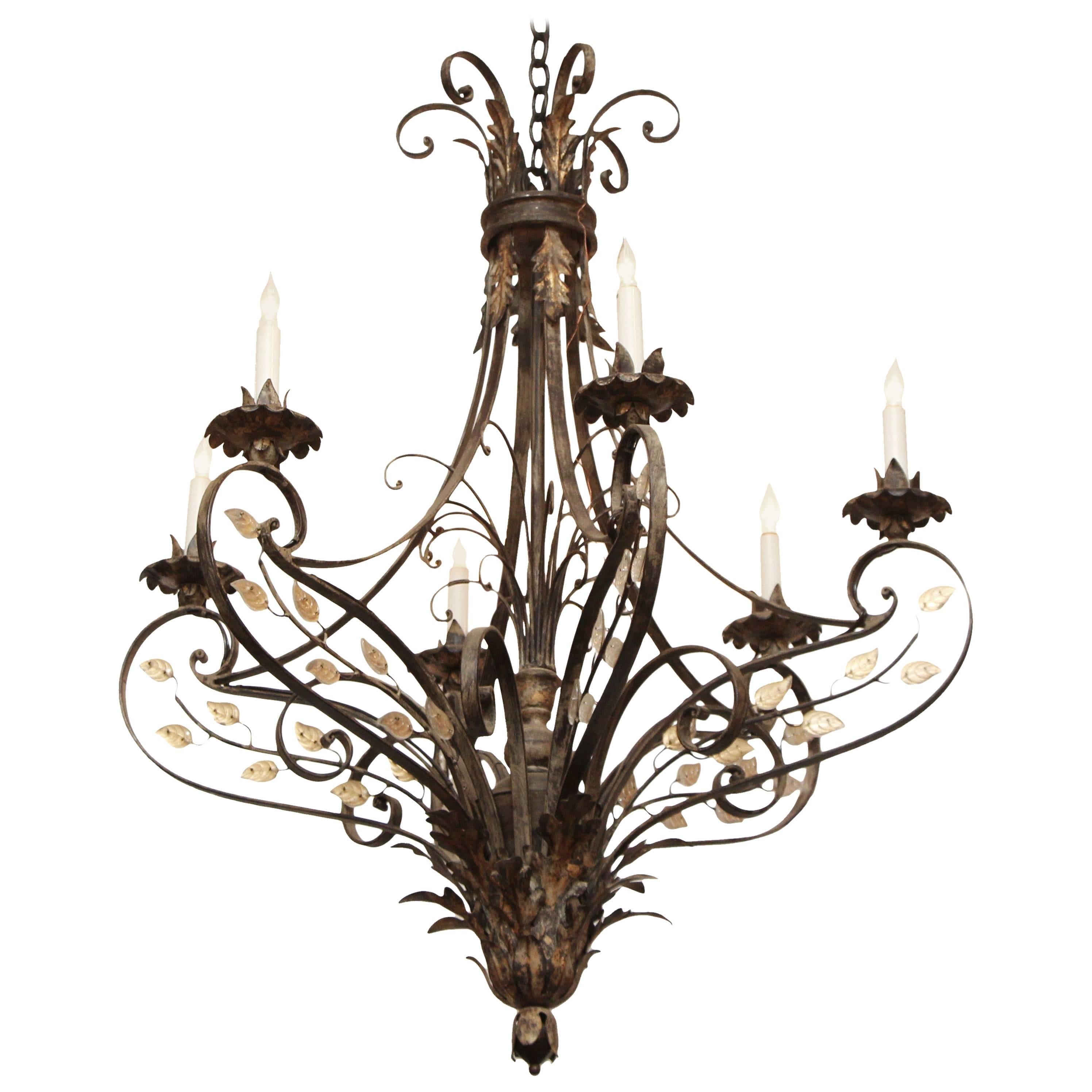 Geyser Wrought Iron Six-Arm Chandelier in a Gold Leaf Finish with Crystal Detail