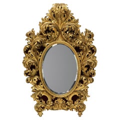 Large 5' Antique Louis XIV Style Foliate Carved & Reticulated Giltwood Mirror