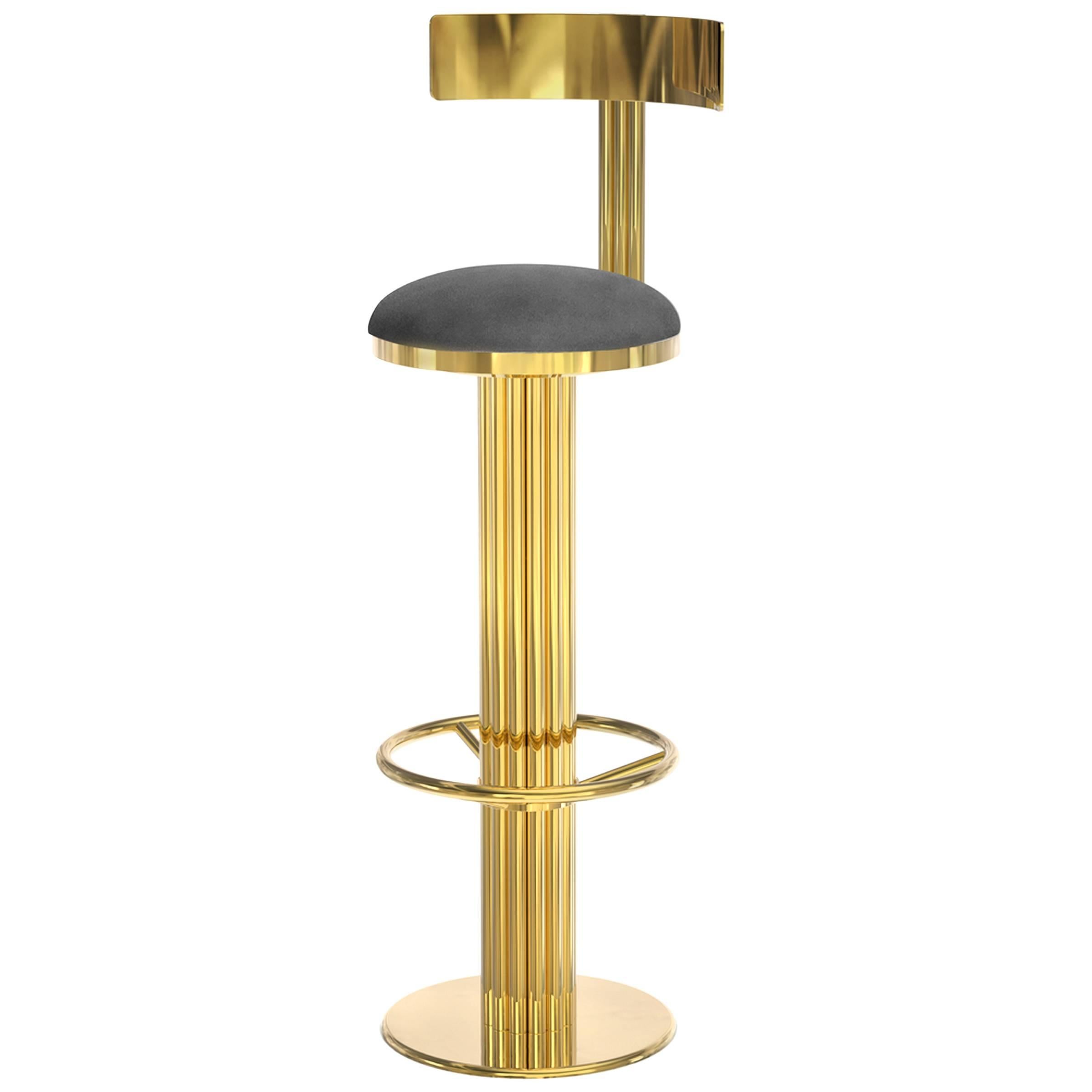 Bar Stool Casablanca in Golded Polished Brass and Genuine Leather For Sale