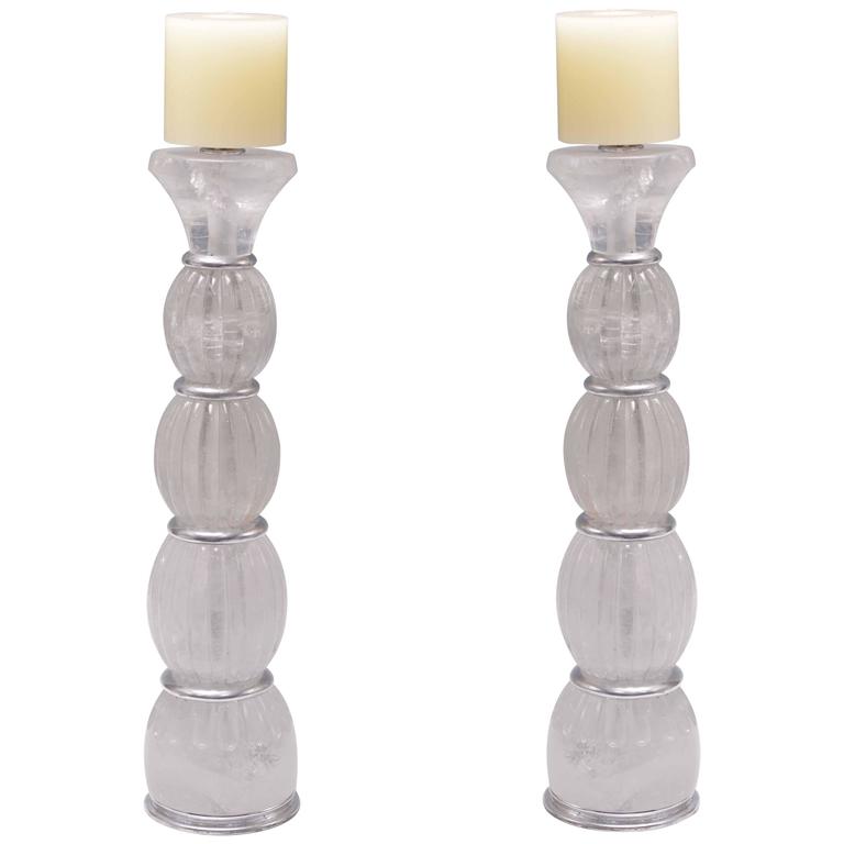 Pair of Contemporary Rock Crystal Quartz Candle Holders For Sale at 1stdibs