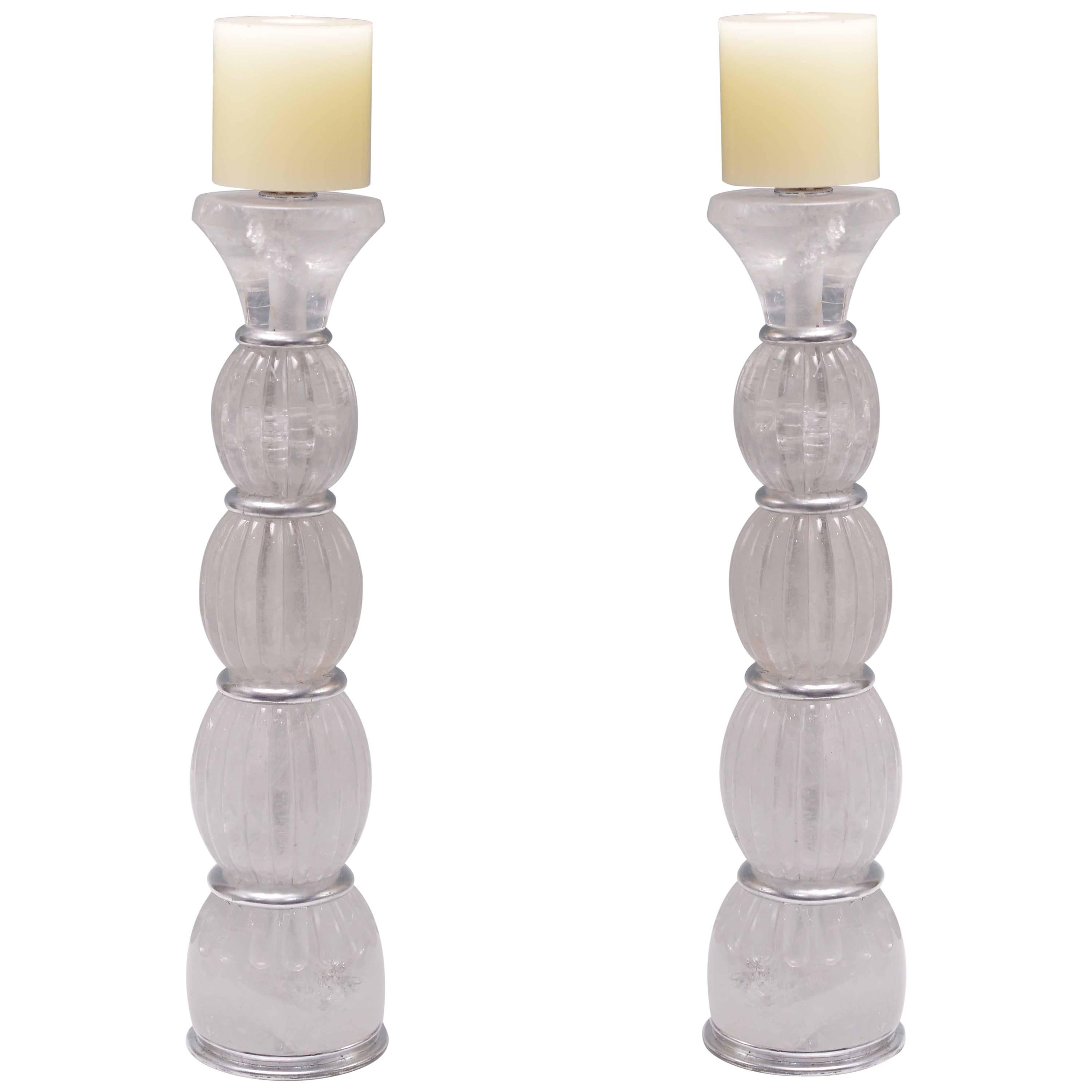 Pair of Contemporary Rock Crystal Quartz Candle Holders For Sale