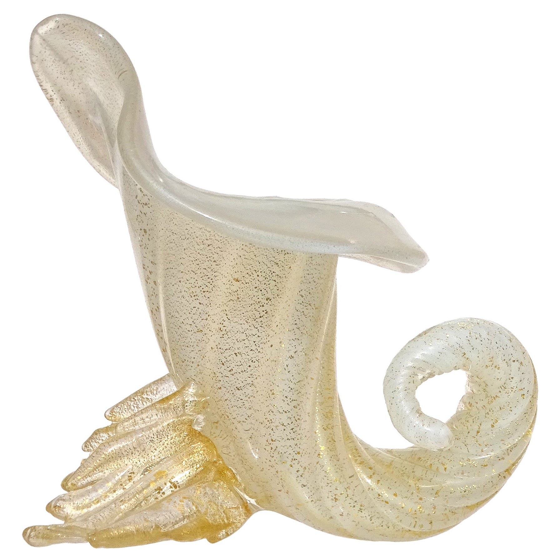 Seguso Murano 1950s Gold Flecks Opal White Italian Art Glass Cornucopia Vase en vente