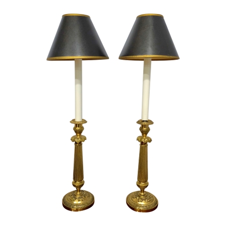Pair of Fine Chased Brass Candlestick Lamps