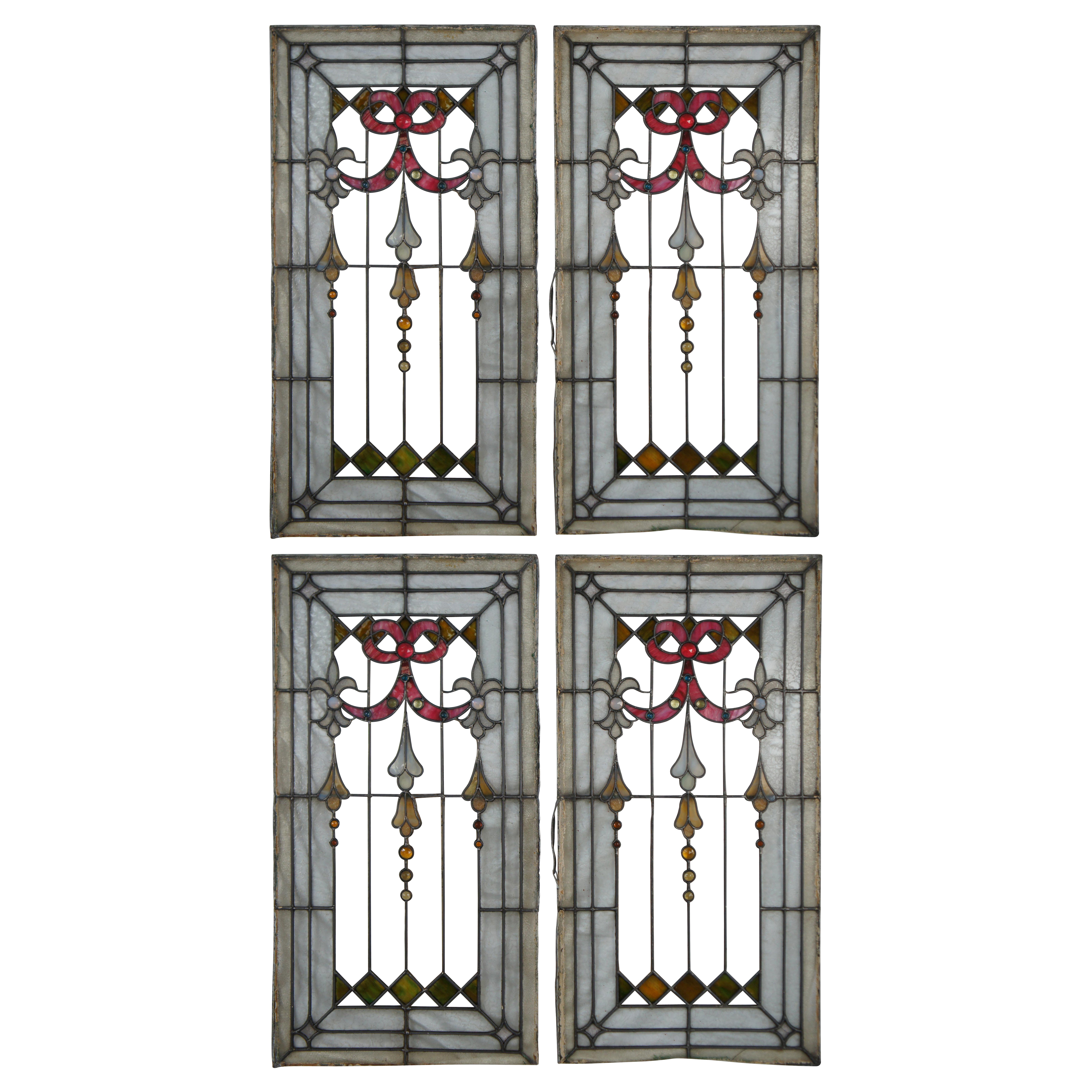 4 antiche finestre neoclassiche francesi di recupero con vetrate a piombo Jewell 38"