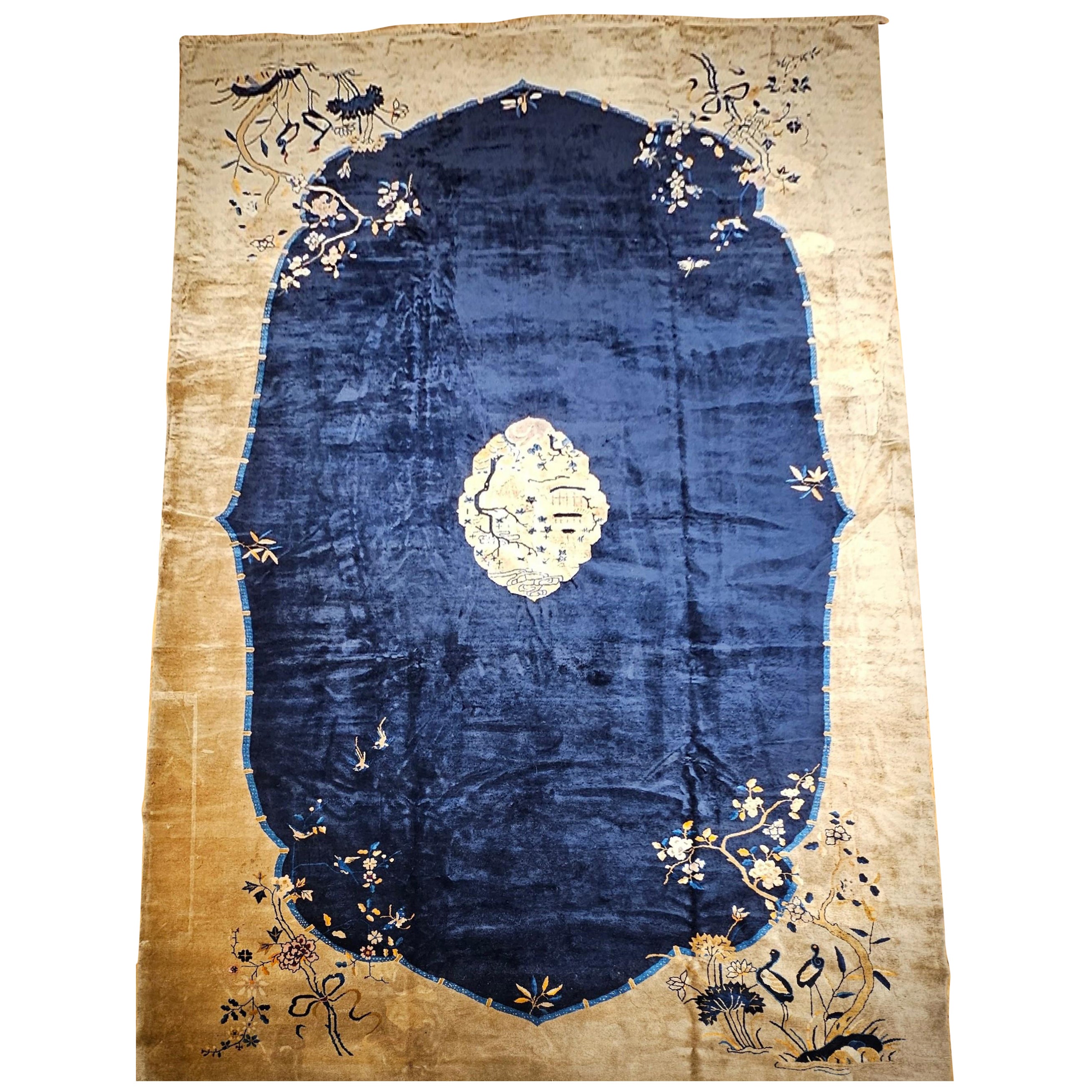Oversized Chinese Art Deco Rug with Birds & Butterflies on Navy Field For Sale