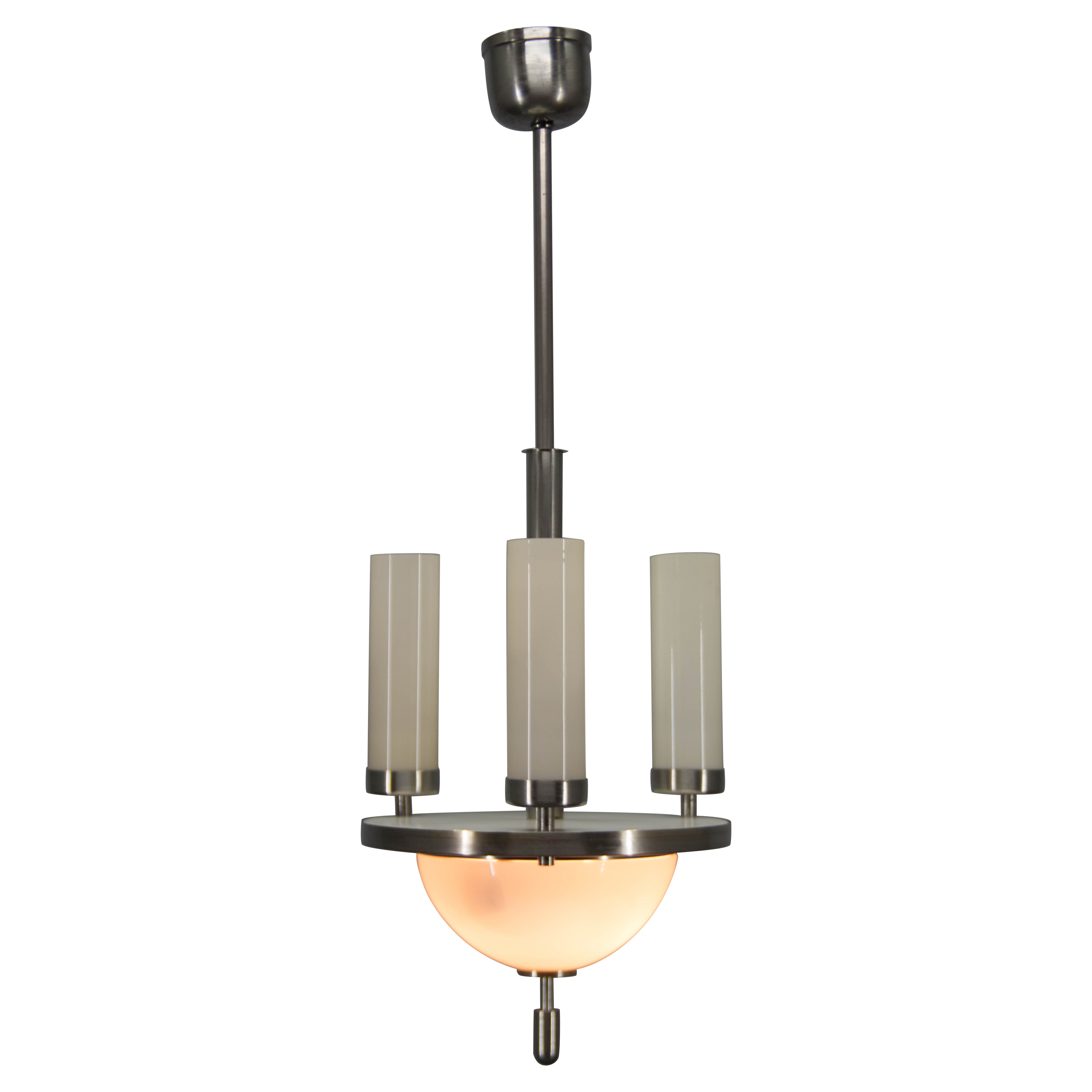 Art Deco Tubular Nickel Plated Chandelier, 1920s, Restored