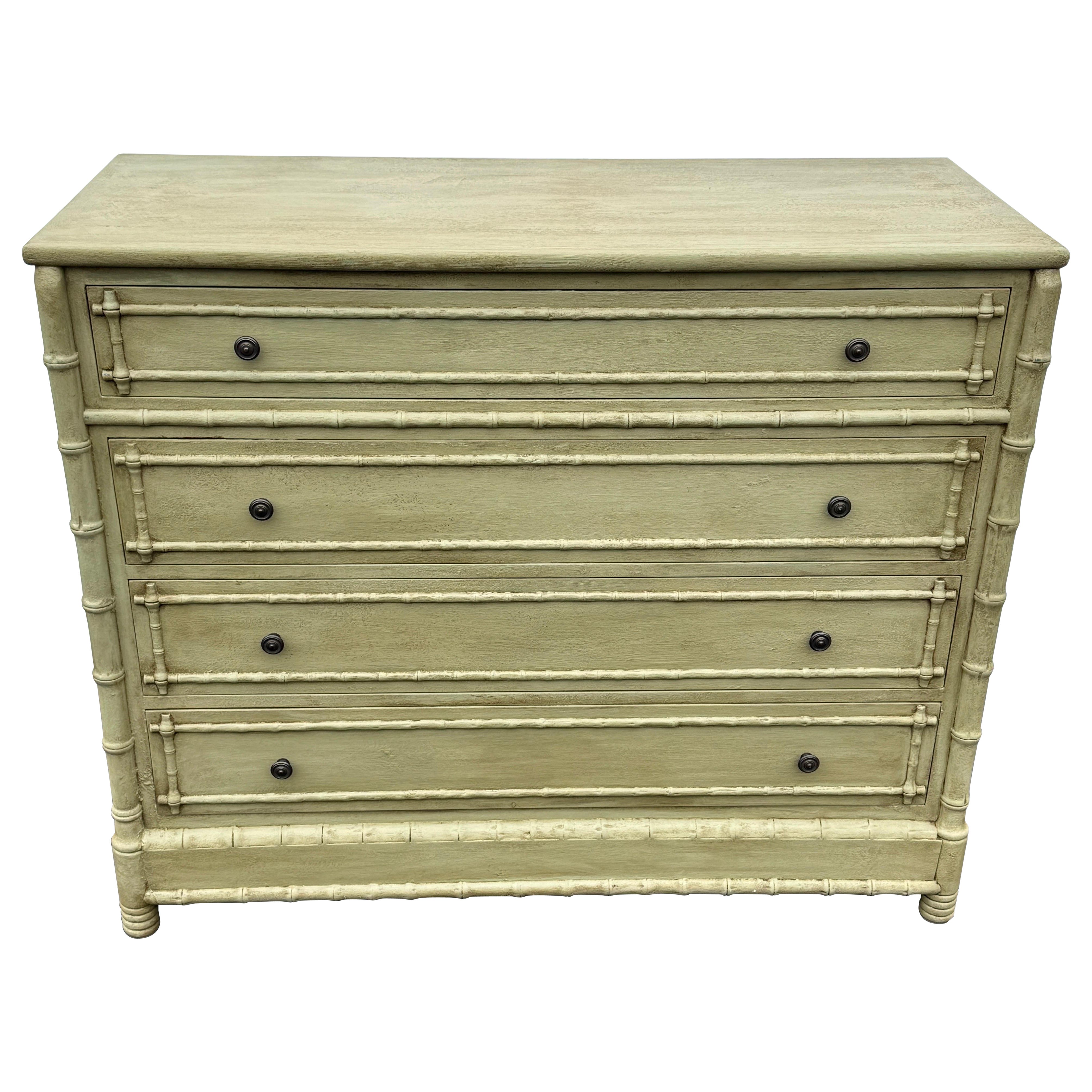 Large Faux Bamboo Green Painted Four Drawer Chest of Drawers