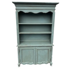 French Two Piece Blue Hand-Painted Cabinet Hutch with Shelves
