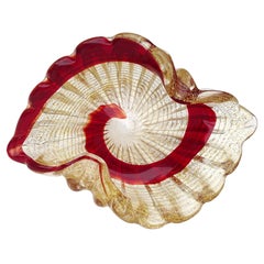 Murano Vintage Red Swirl Paint Stroke Gold Flecks Italian Art Glass Bowl Dish
