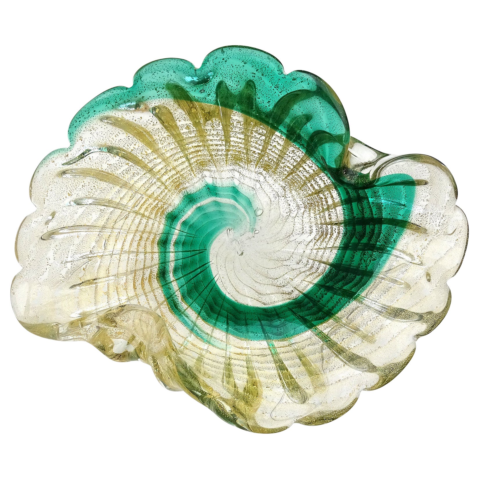 Italienische Murano-Kunstglasschale/ Schale/ Schale mit Goldflecken und grüner Wirbelfarbe, Vintage im Angebot