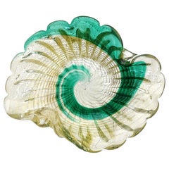 Murano Vintage Gold Flecks Green Swirl Paint Stroke Italian Art Glass Bowl Dish