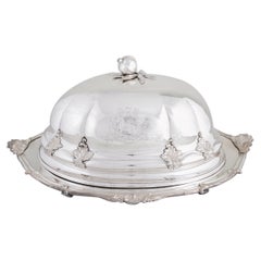 Large Antique English Silver Plate Tableware Armorial Cloche & Warming Tray