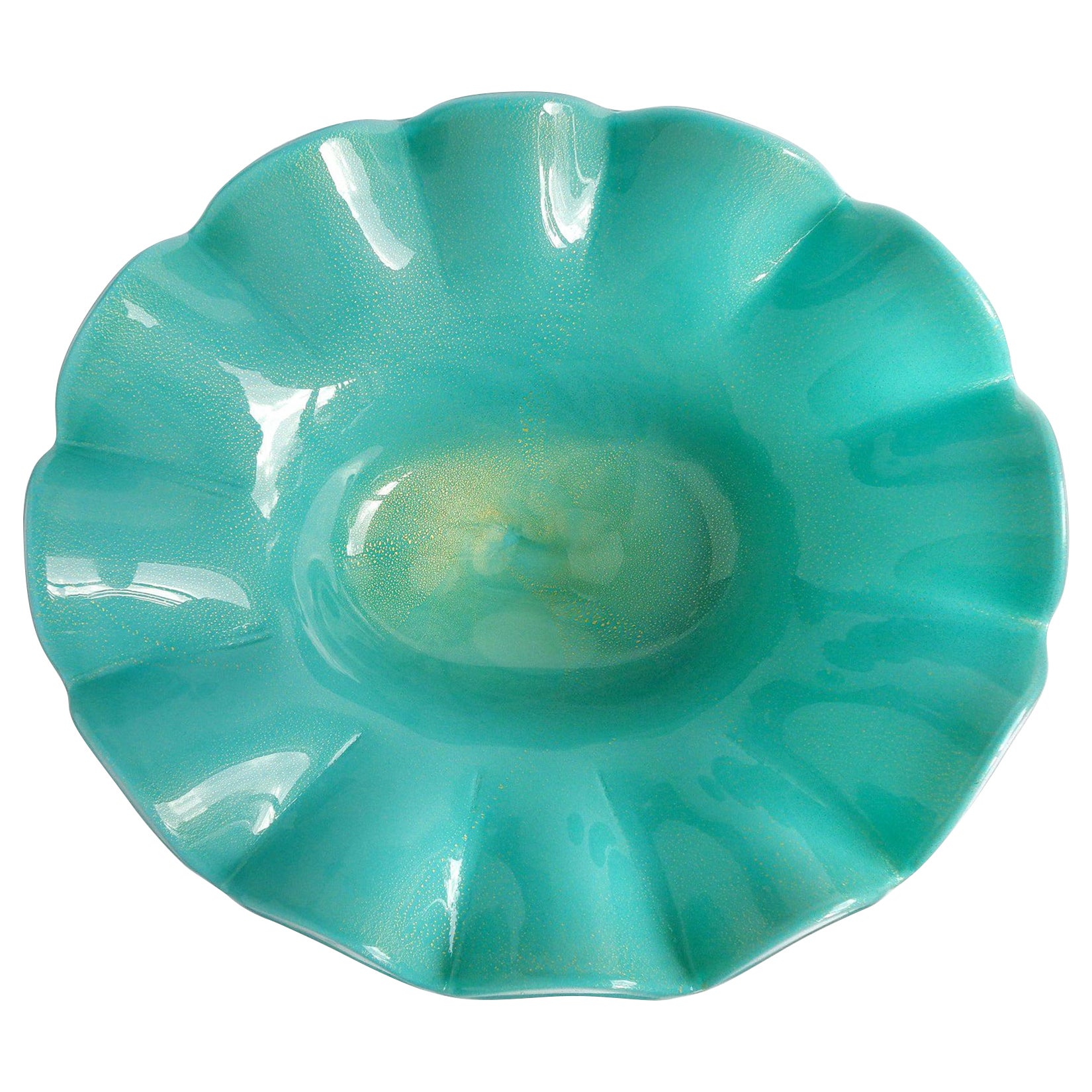 Schale aus italienischem Murano-Kunstglas mit Fuß in Tealgrün und Goldflecken