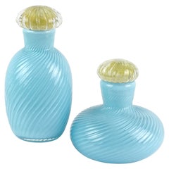 Murano Signed 1985 Light Blue Gold Leaf Stopper Italian Art Glass Vanity Bottles