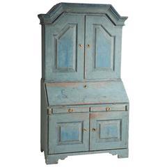 Swedish Late Gustavian Blue Painted Secretary Signed and Dated, 1807