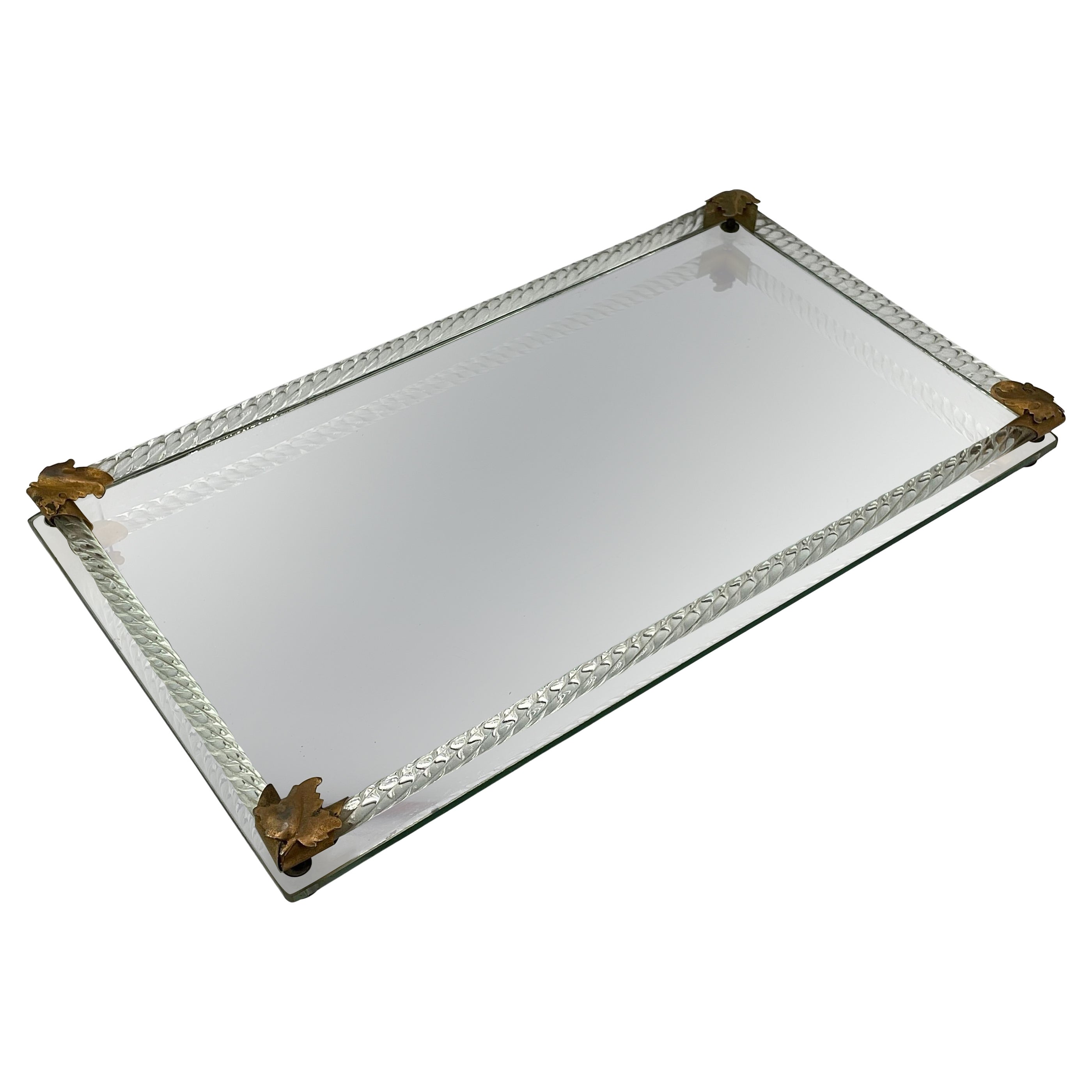 1950s Mid-Century Vanity Tray Brass + Twisted Lanyard Murano Style Glass Mirror