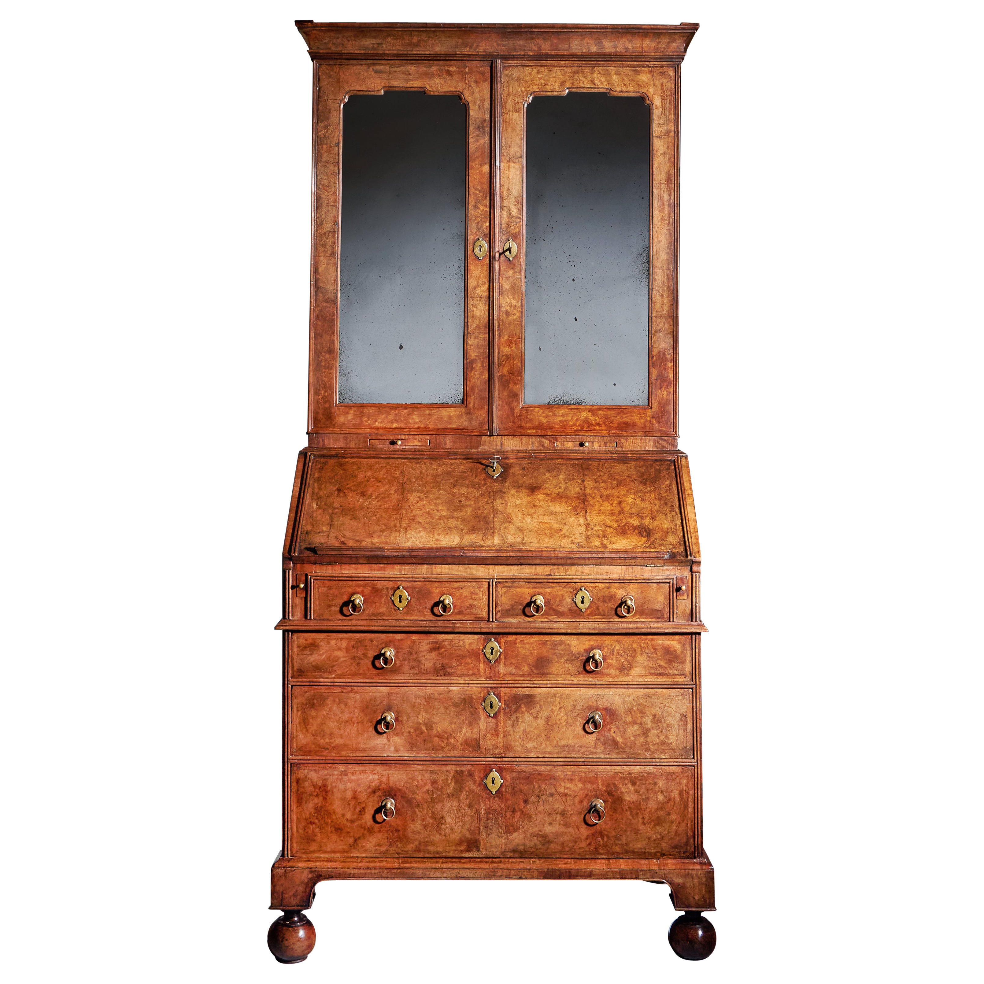 18th Century Queen Anne Burr Walnut Double Dome Bureau Bookcase