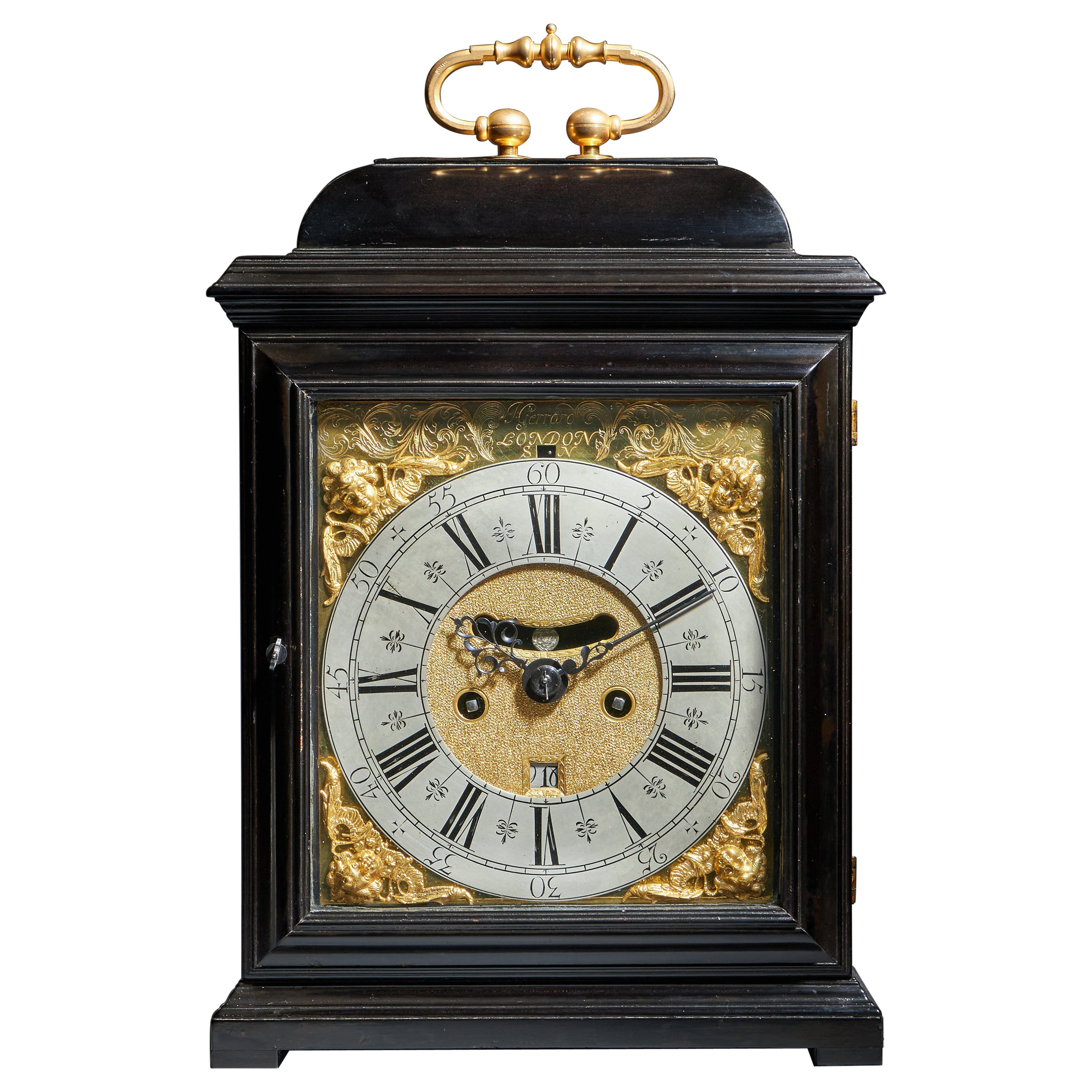 Raro reloj de sobremesa inglés de ocho días accionado por muelle del siglo XVII, de J Gerrard