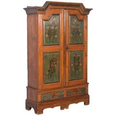 Antique Danish Armoire with Original Painted Panels with Flowers
