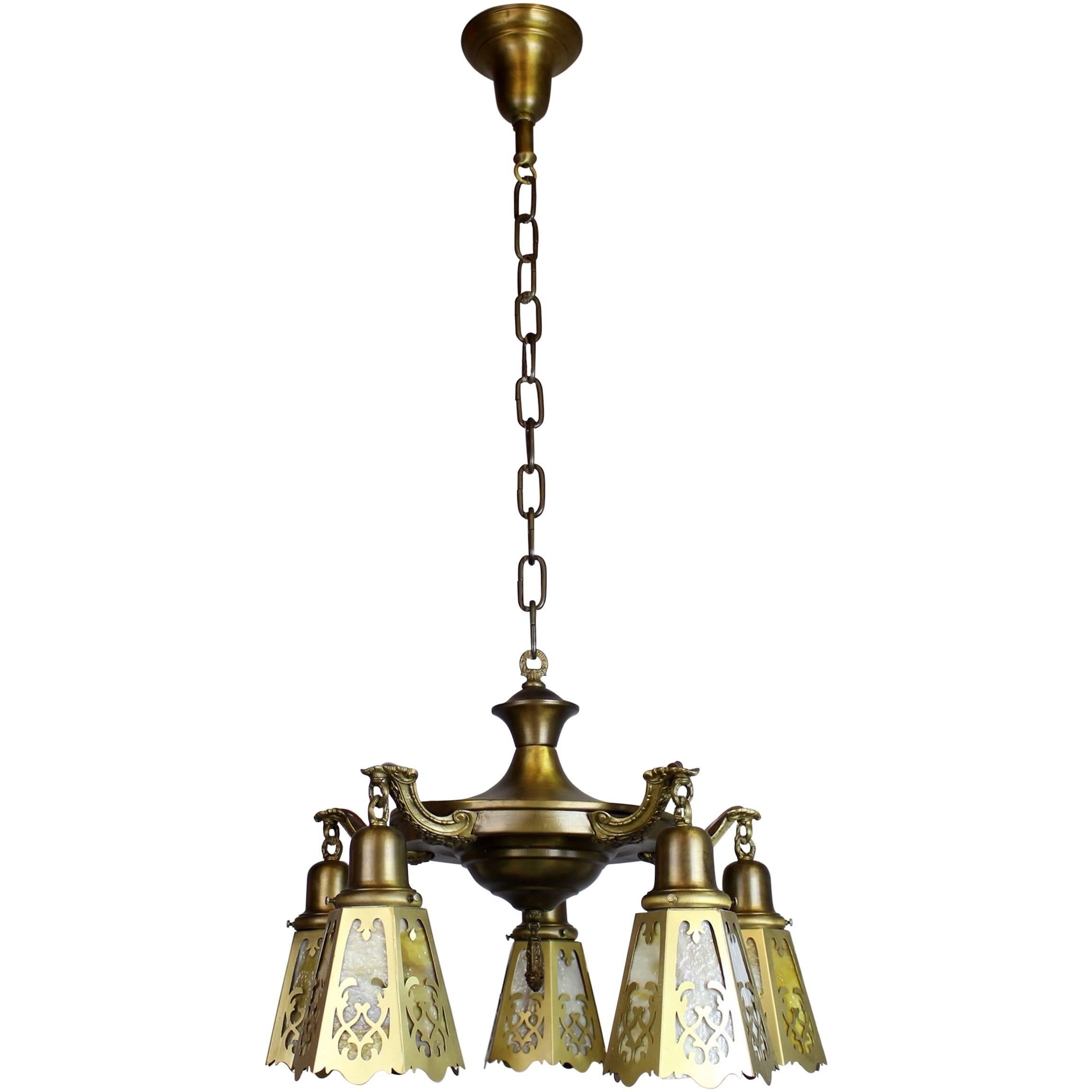 Colonial Revival Pan Fixture with Cut Out Shades, Five-Light For Sale