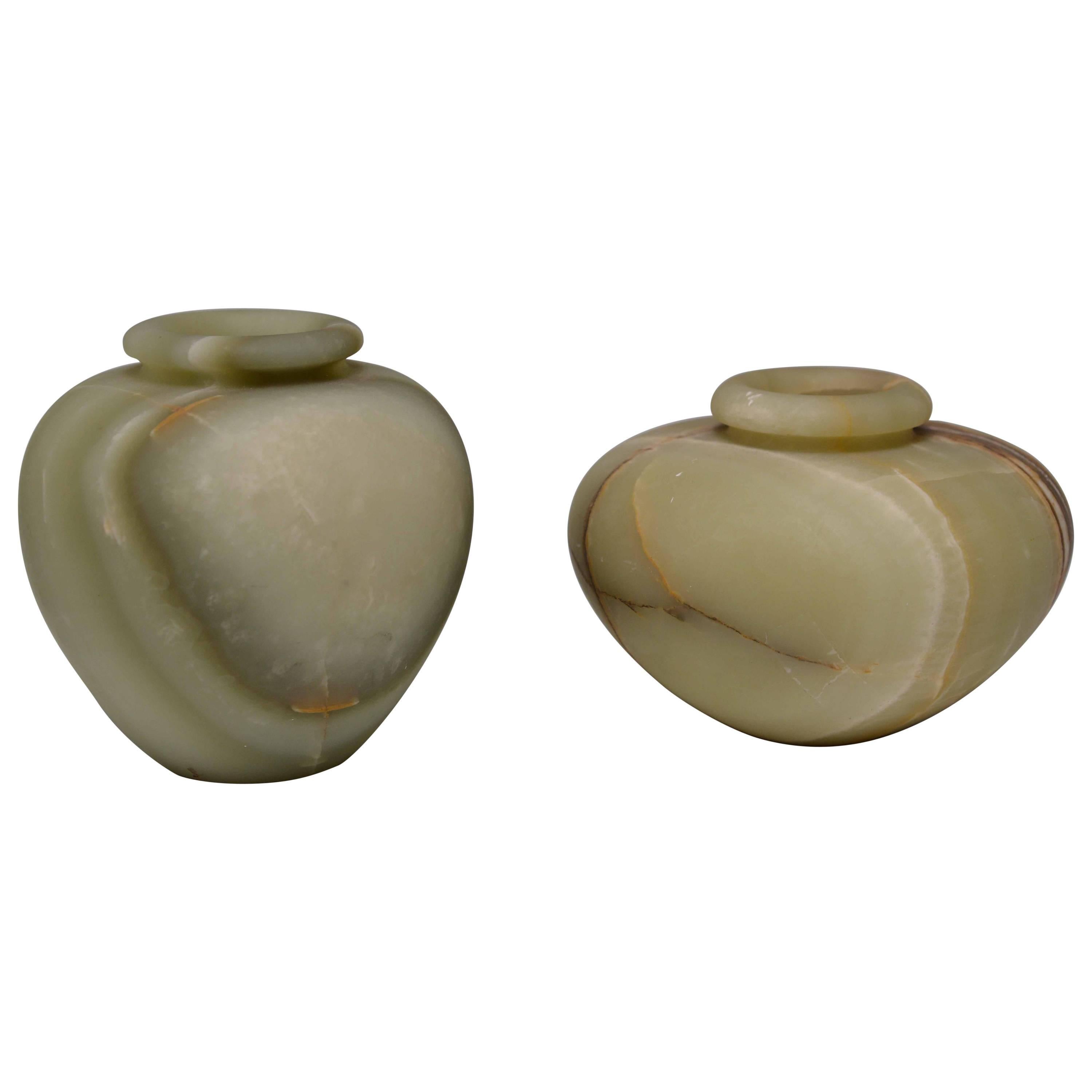 Group of Two Carved Celadon Jade Jars