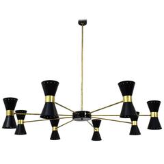 Large Eight-Arm Italian Modernist Chandelier, Brass, Stilnovo Style, Italy