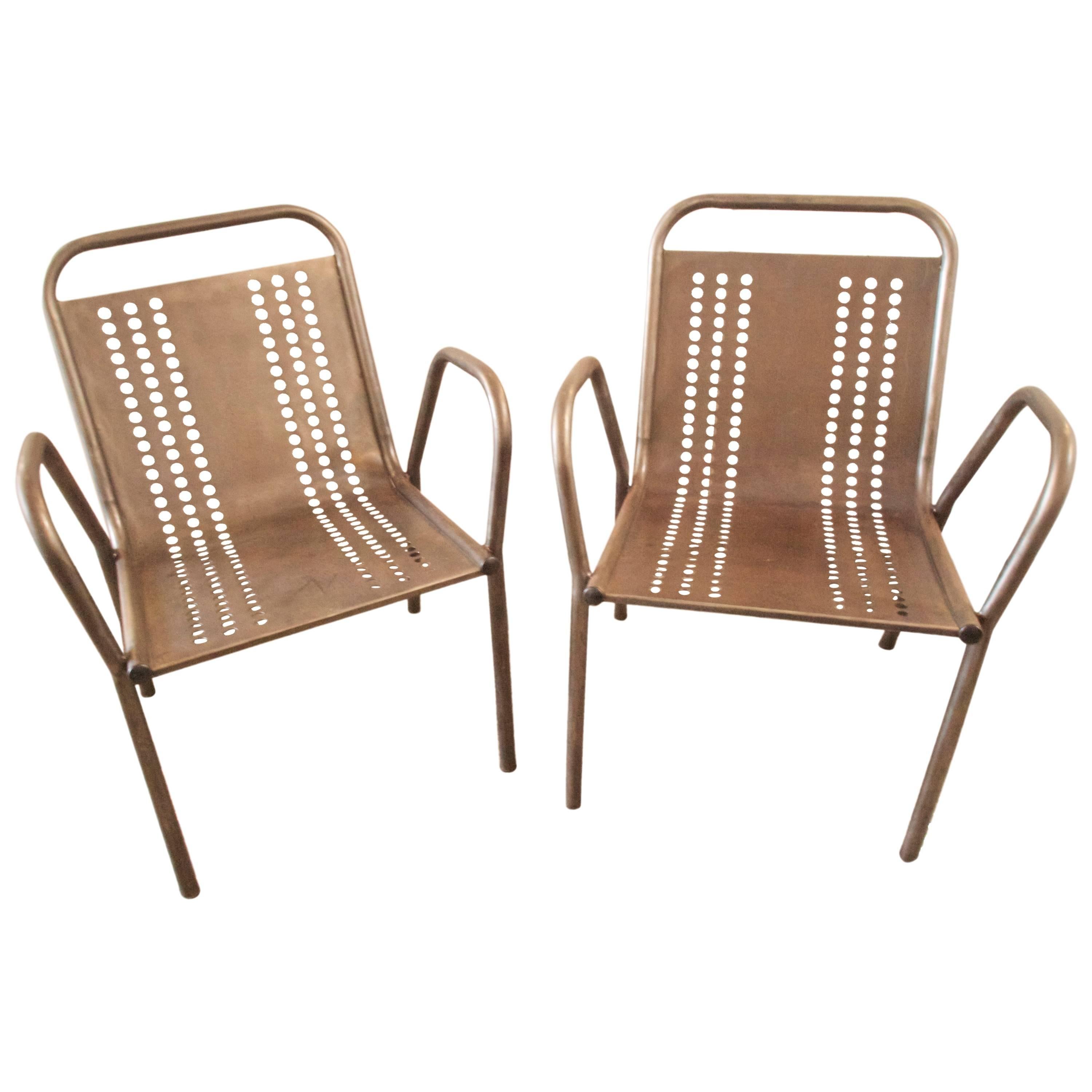 Pair of French Industrial Steel Lounge Chairs