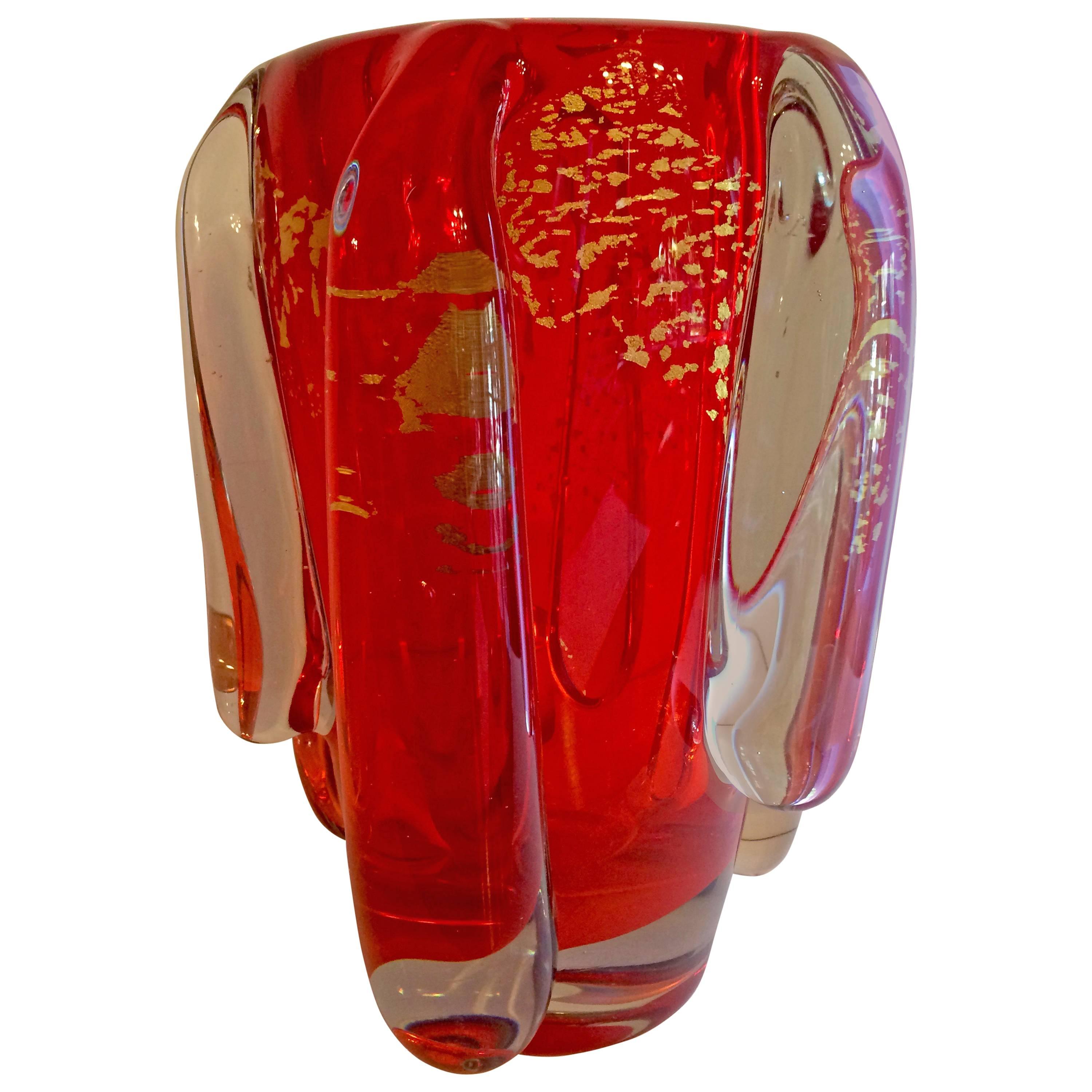 Exceptional Red Ercole Barovier Murano Vase with 24-Karat Gold