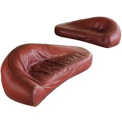 Exceptional Set of Two Organic Shaped Sofa's in Patinated Leather 