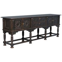 Antique English Long Carved Buffet Sideboard, Painted Black, circa 1880