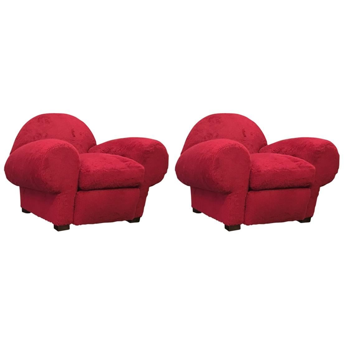 Jean Royère for Gouffé Pair of Big Red Club Chairs in Red Wool Faux Fur For Sale