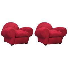 Jean Royère for Gouffé Pair of Big Red Club Chairs in Red Wool Faux Fur