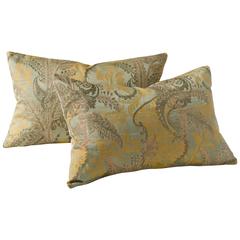 19th Century French Silk Brocade Pillows in Greens and Golds