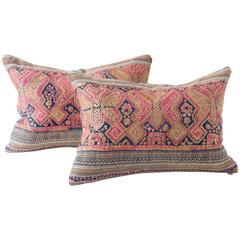 Butterfly Lao Textile Lumbar Cushion, Indigo and Peach