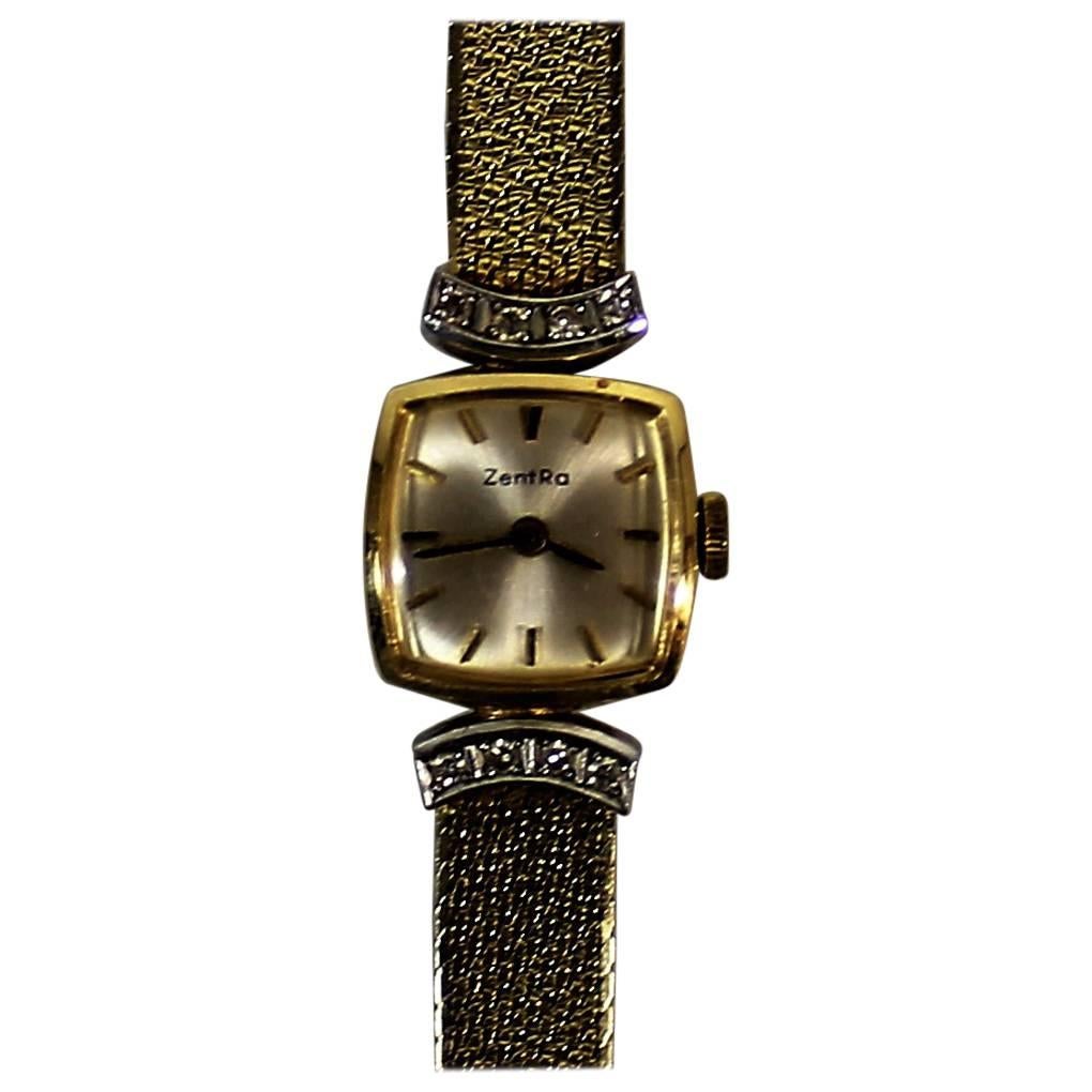 Ladies ZentRa 14-Karat Gold Watch and Band with Diamonds For Sale
