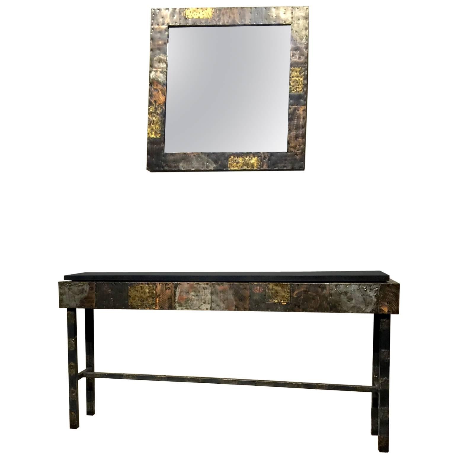 Paul Evans Brutalist Metal Patchwork Console Table and Mirror, Directional 1970s