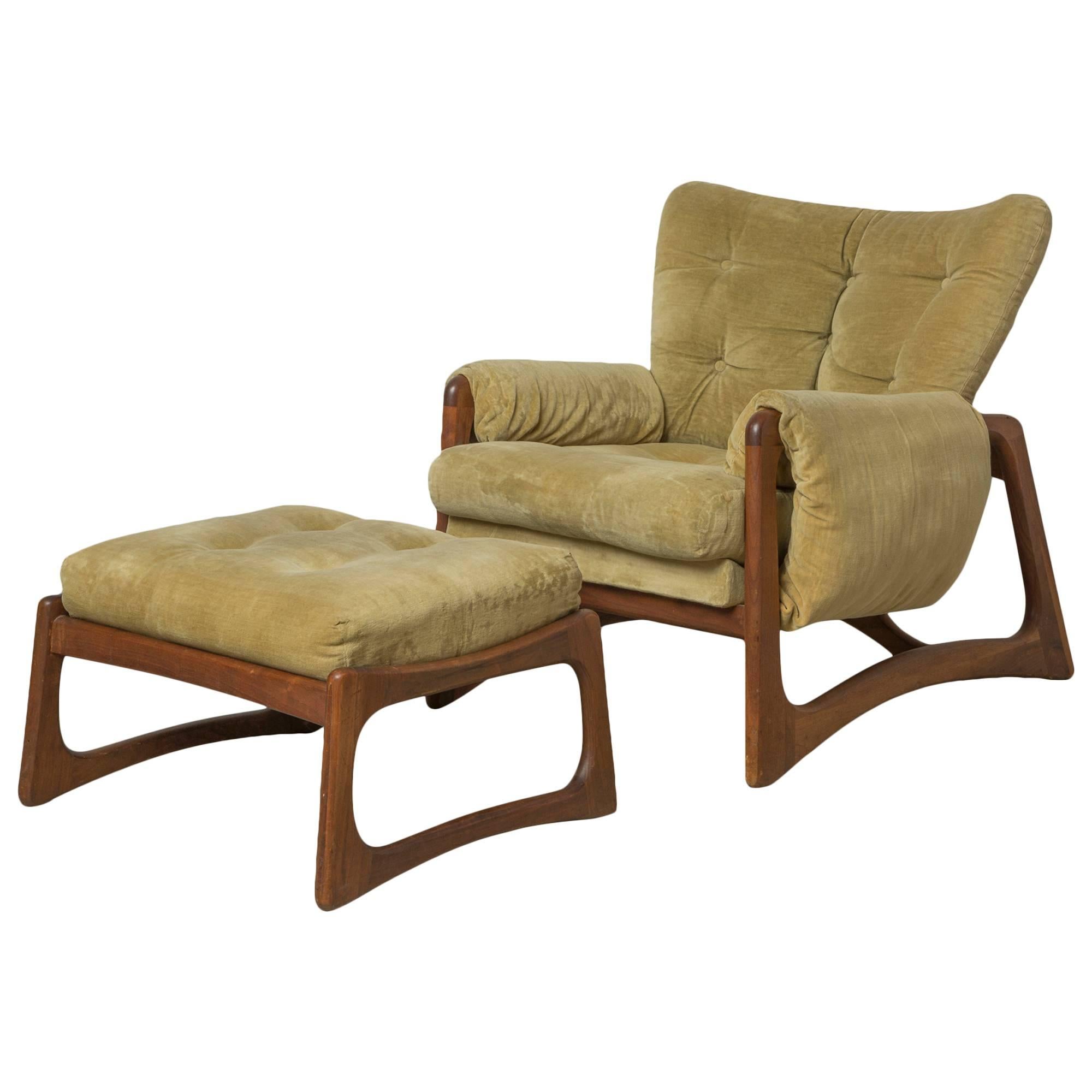Adrian Pearsall Sculpted Walnut Lounge Chair & Ottoman in Green Velvet