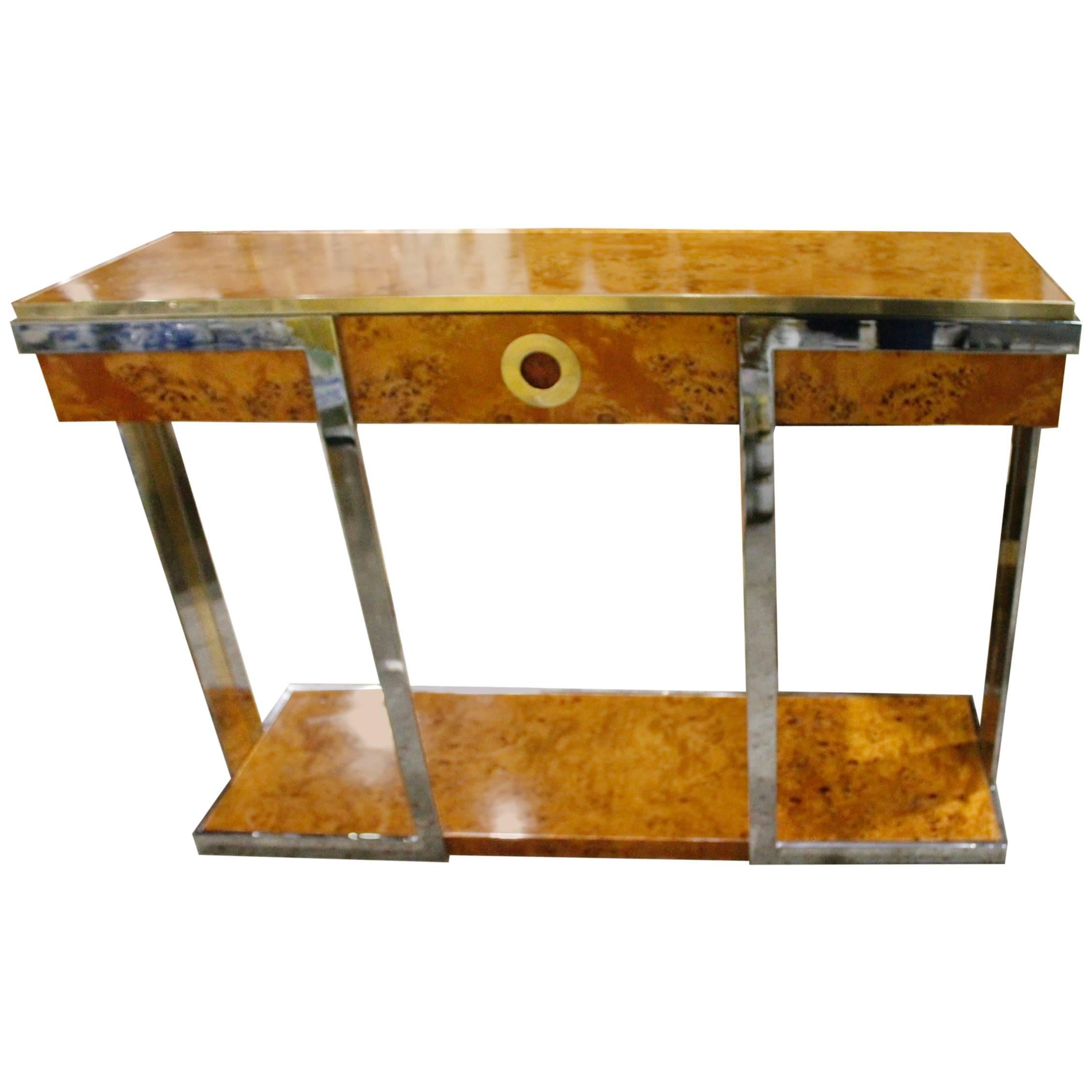  Pierre Cardin Burl Wood Vintage Console Table Brass Chrome Hollywood Regency